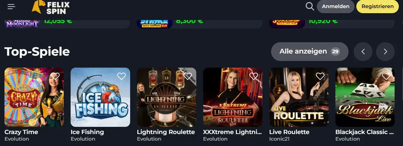 Aktuelle Felixspin Live-Casino-Lobby mit sichtbaren Live-Dealer-Titeln