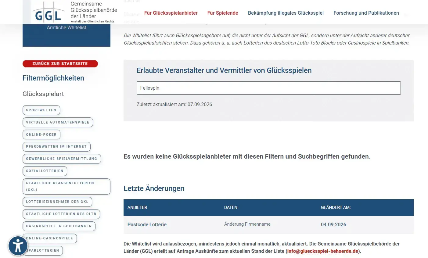 Amtliche GGL-Whitelist als deutscher Registerkontext für die Felixspin Lizenzprüfung