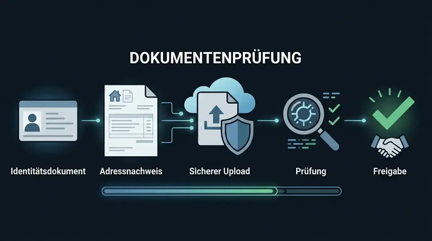 Neutrale Illustration eines KYC-Ablaufs mit Ausweis, Adressnachweis, Dokumentprüfung und Freigabe ohne reale personenbezogene Daten