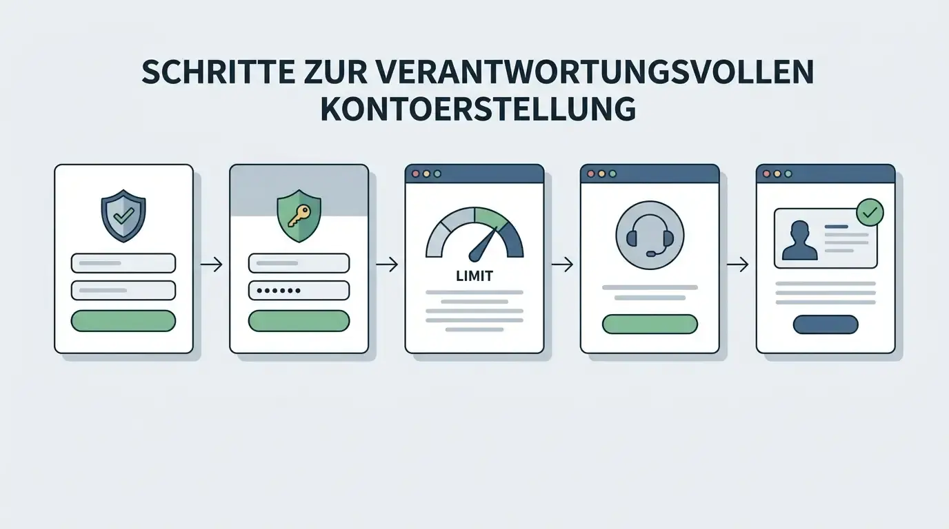 Neutrale Illustration eines sicheren Kontoablaufs mit Registrierung, Login, Limits und späterer Identitätsprüfung