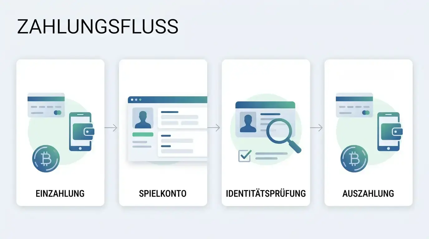 Sachliche Darstellung eines Zahlungsflusses von Einzahlung über Spielkonto und Verifizierung bis zur Auszahlung