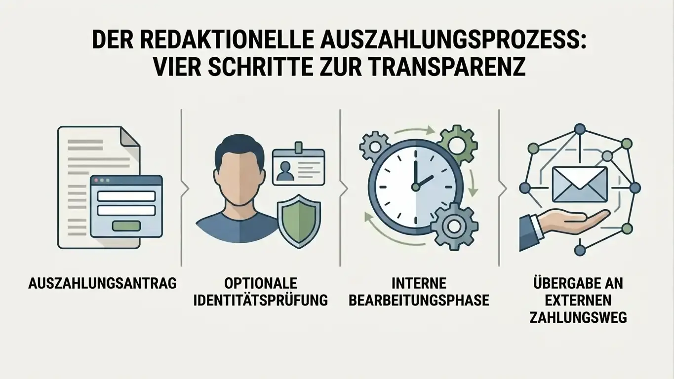 Zeitachsen-Illustration einer Auszahlung vom Antrag über mögliche KYC-Prüfung und interne Bearbeitung bis zum Zahlungsweg